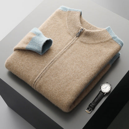 Men's Zip-Up Knit Jacket Contrast Sleeve Ribbed Collar Autumn Winter