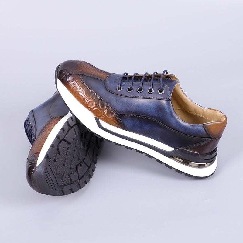 Men's Lace-Up Sneakers Burnished Embossed Panel White Sole Smart Casual