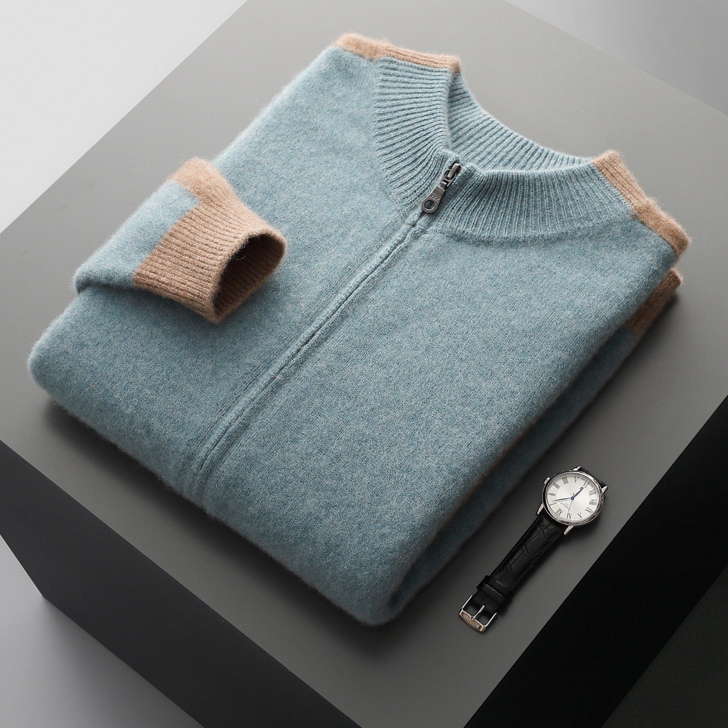 Men's Zip-Up Knit Jacket Contrast Sleeve Ribbed Collar Autumn Winter
