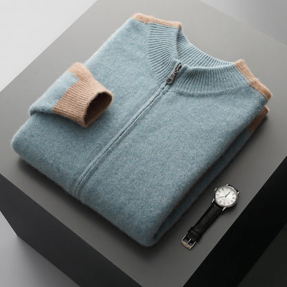 Men's Zip-Up Knit Jacket Contrast Sleeve Ribbed Collar Autumn Winter