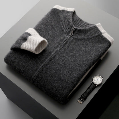 Men's Zip-Up Knit Jacket Contrast Sleeve Ribbed Collar Autumn Winter