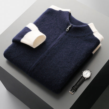 Men's Zip-Up Knit Jacket Contrast Sleeve Ribbed Collar Autumn Winter