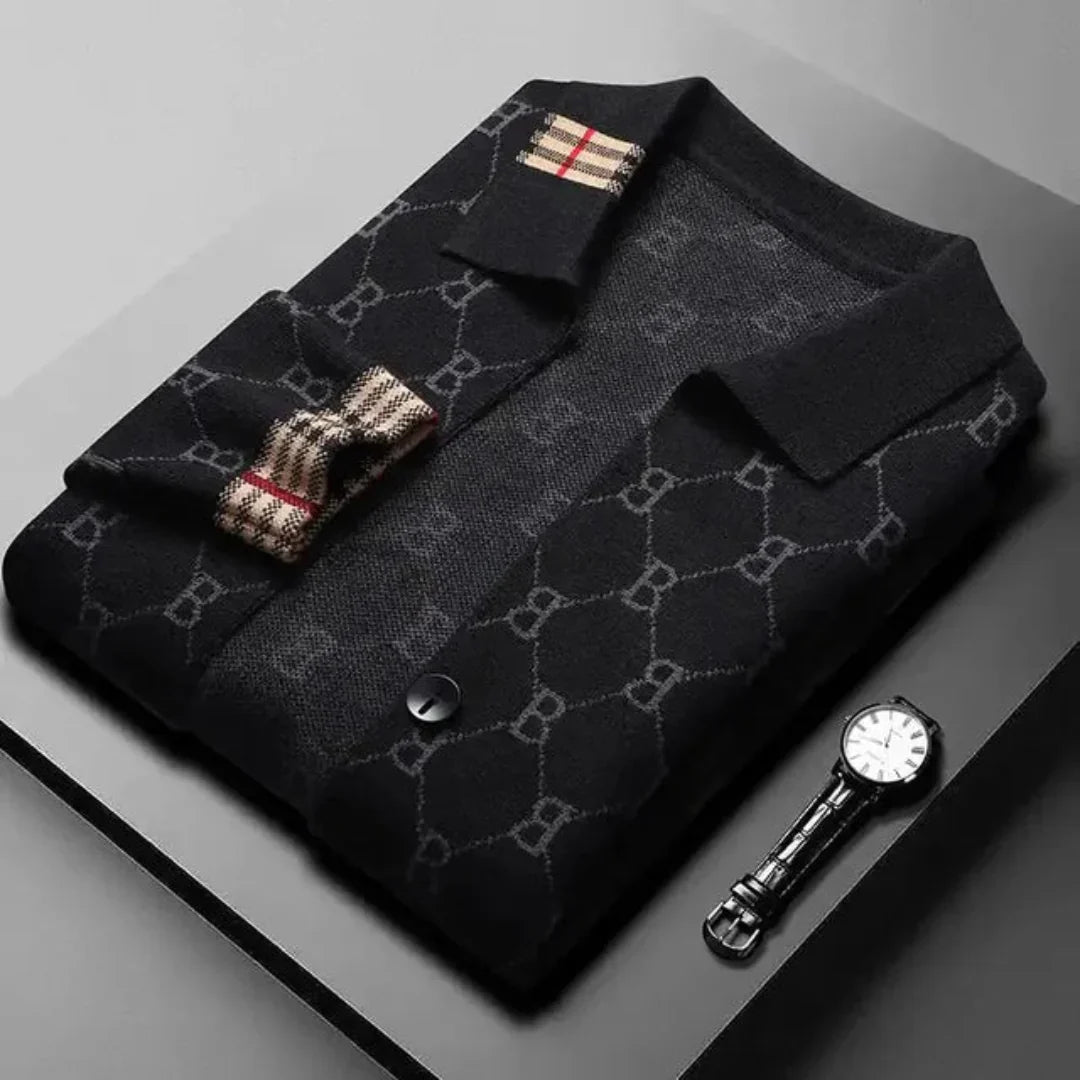 Men's Button Front Cardigan Turn Down Collar Monogram Knit