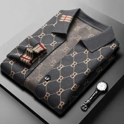 Men's Button Front Cardigan Turn Down Collar Monogram Knit
