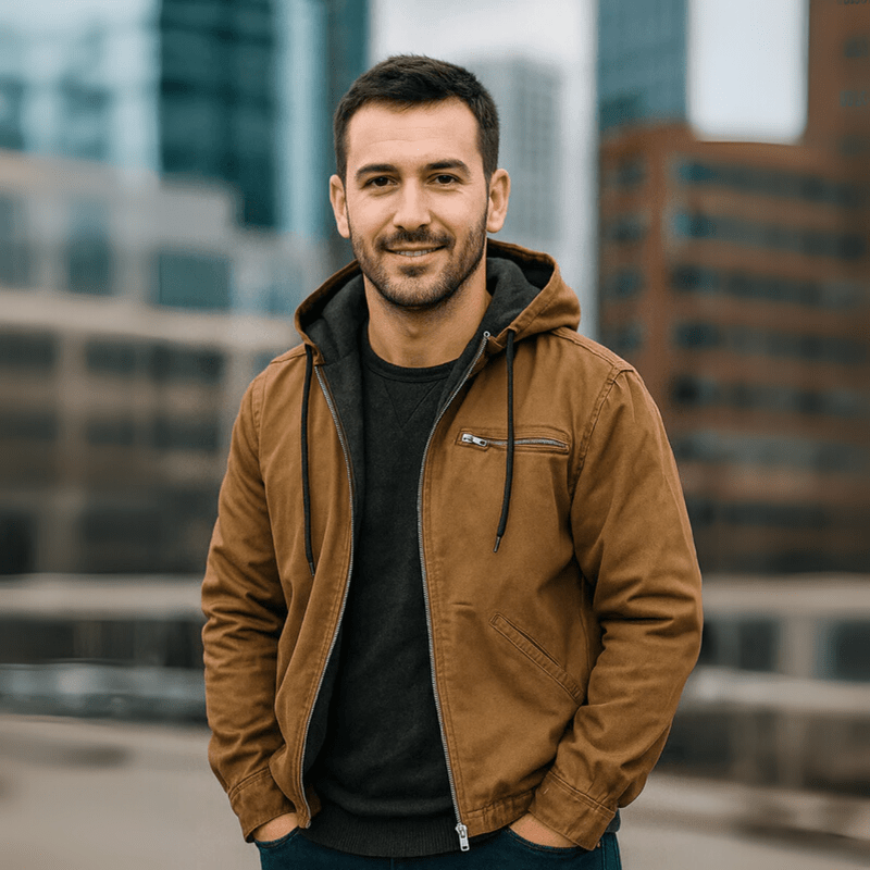 Men's Leather Winter Jacket with Hood Zip Black Casual Warm