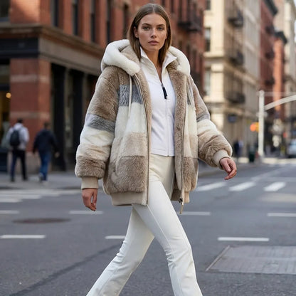 Women's Faux Fur Coat Oversized Hooded Zip-Up Jacket Colour Block Winter