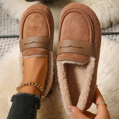 Fleece Loafers Women Cosy Slip On Shoes Warm Indoor Casual Cream