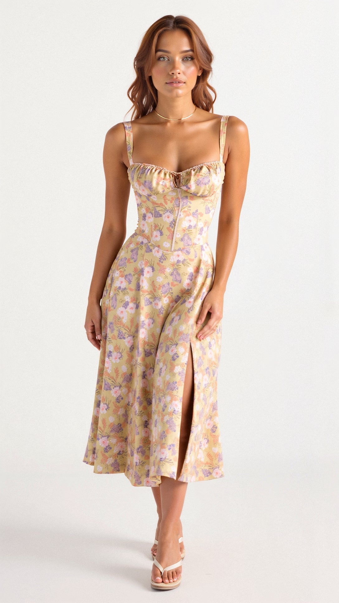 Kiana women's midi dress in Yellow Flower