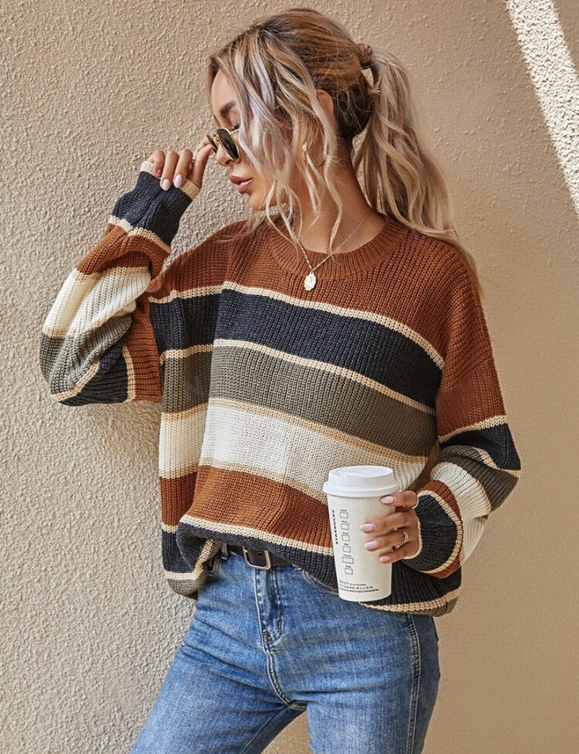 Women's Striped Long Sleeve Sweater Round Neck Relaxed Fit Knit Pullover Casual Everyday Tops Ladies Jumper Autumn Winter
