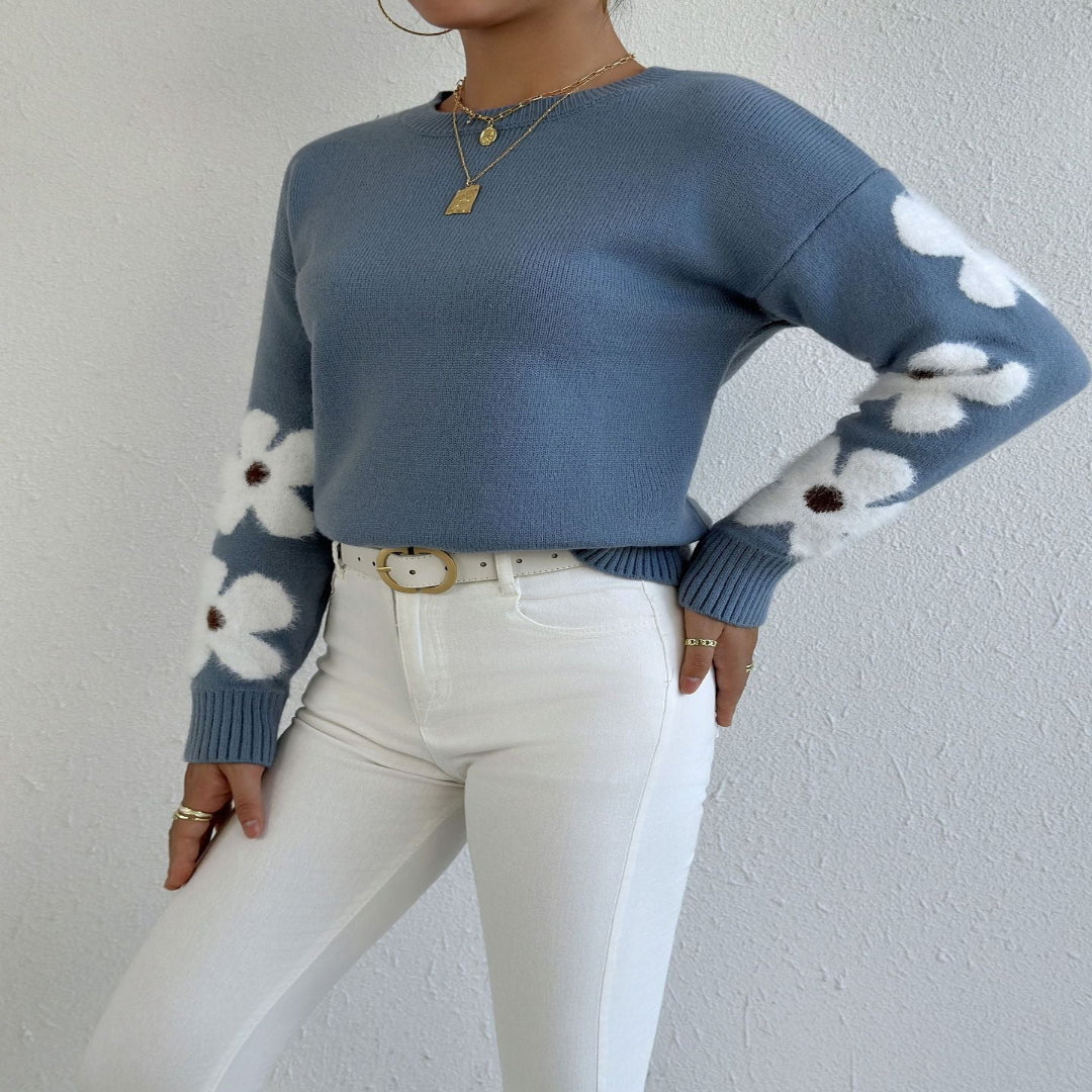Women's Floral Sweater Round Neck Loose Fit Autumn Winter Knit Pullover Ladies Casual Cosy Long Sleeve Knitwear Warm Top