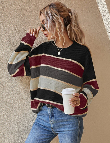 Women's Striped Long Sleeve Sweater Round Neck Relaxed Fit Knit Pullover Casual Everyday Tops Ladies Jumper Autumn Winter