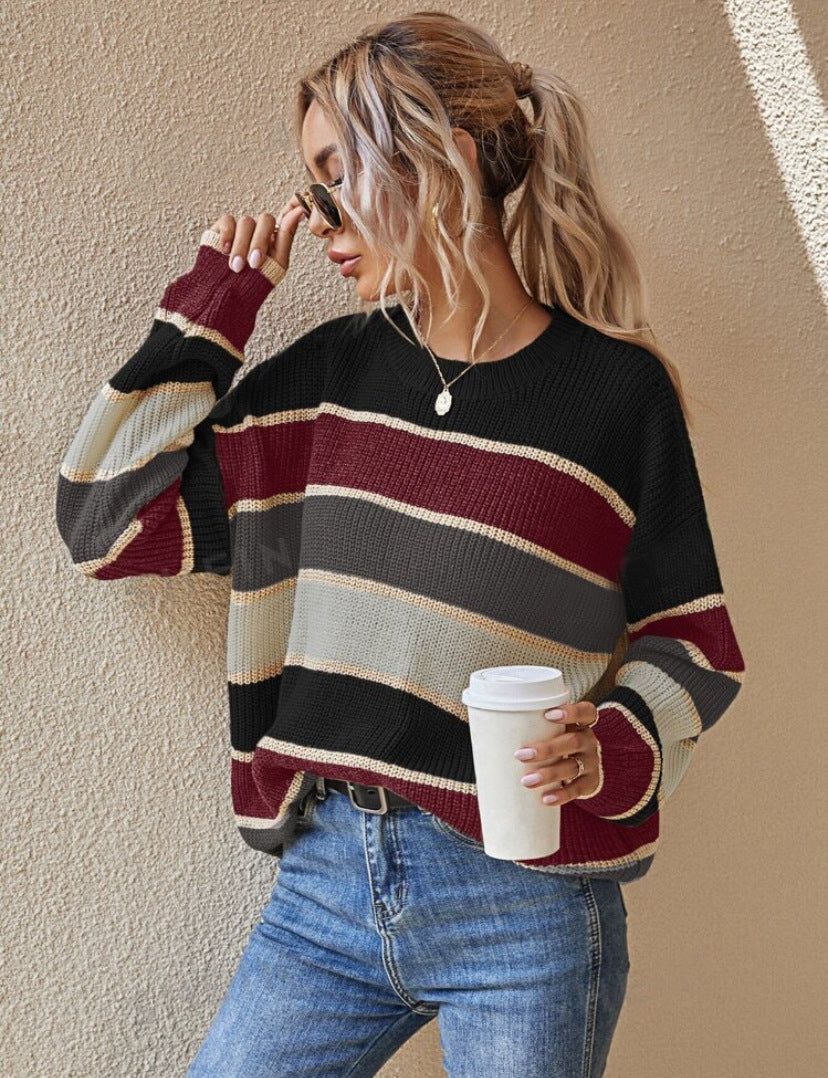 Women's Striped Long Sleeve Sweater Round Neck Relaxed Fit Knit Pullover Casual Everyday Tops Ladies Jumper Autumn Winter