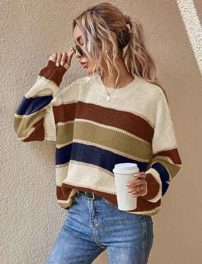 Women's Striped Long Sleeve Sweater Round Neck Relaxed Fit Knit Pullover Casual Everyday Tops Ladies Jumper Autumn Winter