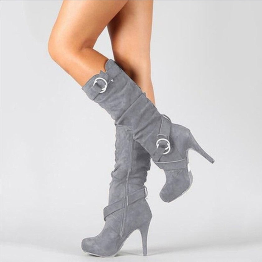Women's Knee High Boots Stiletto Heel Chic Buckle Detail Black