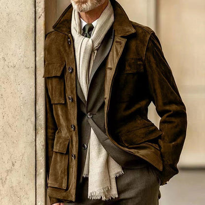 Men's Button Front Utility Jacket Structured Collar Flap Pockets Casual