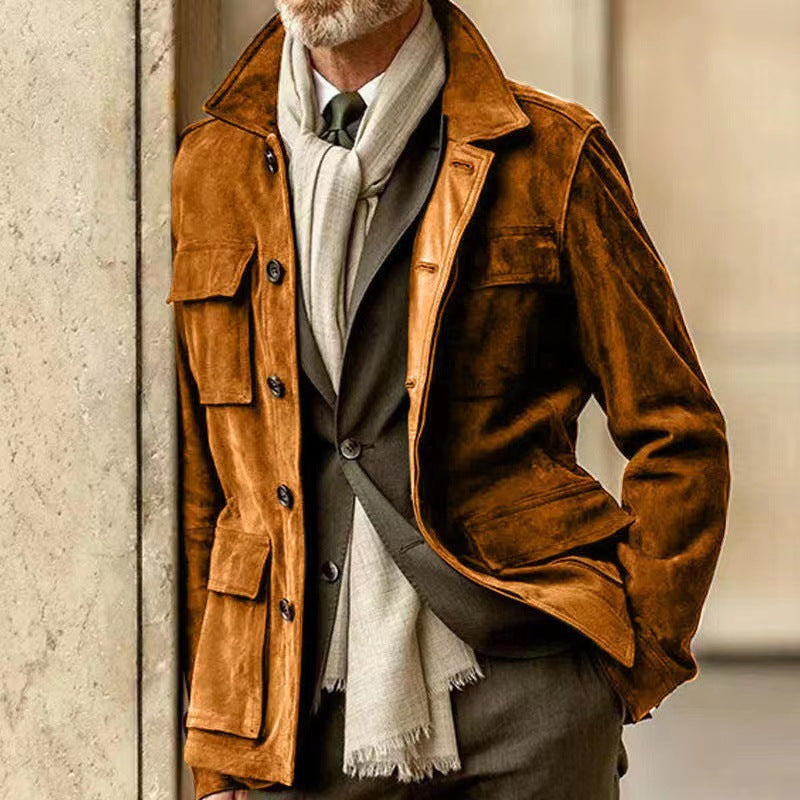 Men's Button Front Utility Jacket Structured Collar Flap Pockets Casual