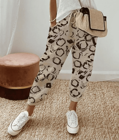 Zoé women's linen trousers in Beige with circular pattern