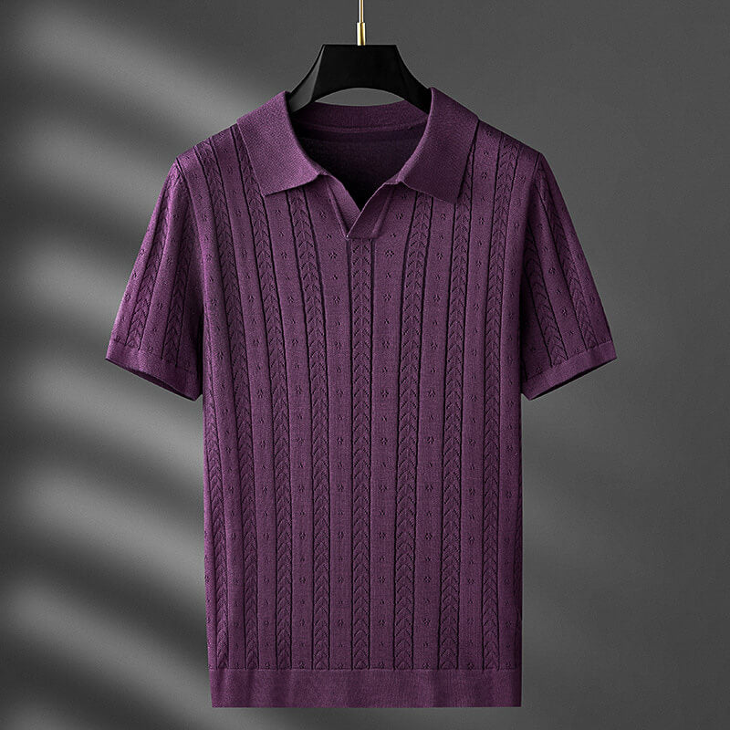 Men's Knit Polo Shirt Cable Pointelle V-Notch Collar Casual Smart