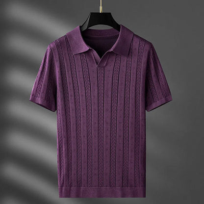 Men's Knit Polo Shirt Cable Pointelle V-Notch Collar Casual Smart
