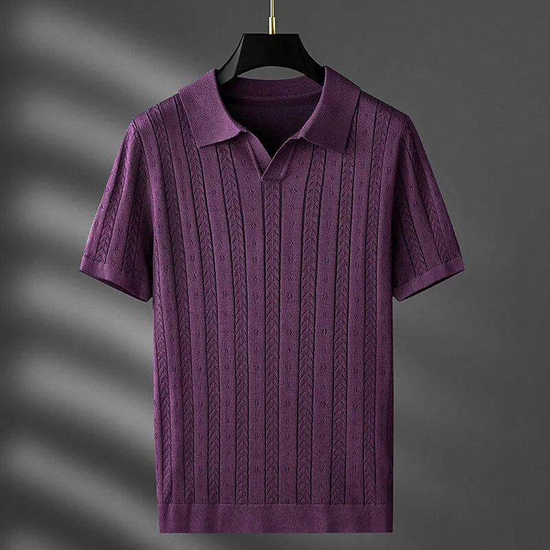 Men's Knit Polo Shirt Cable Pointelle V-Notch Collar Casual Smart