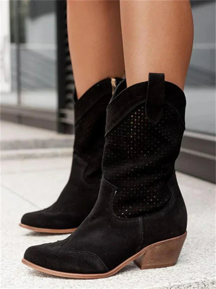 Western Boots Pointy Toe Block Heel Cowboy Style Leather Footwear