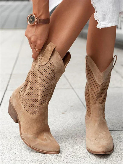 Western Boots Pointy Toe Block Heel Cowboy Style Leather Footwear