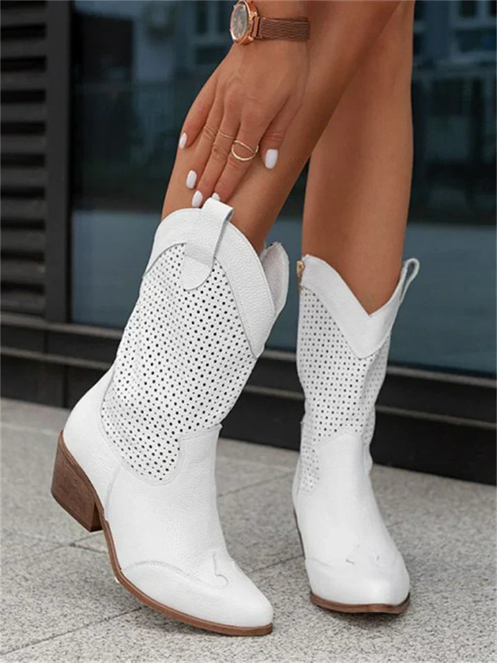 Western Boots Pointy Toe Block Heel Cowboy Style Leather Footwear
