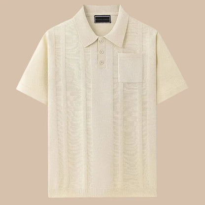 Men's Knit Polo Shirt Short Sleeve Button Placket Vertical Stripe