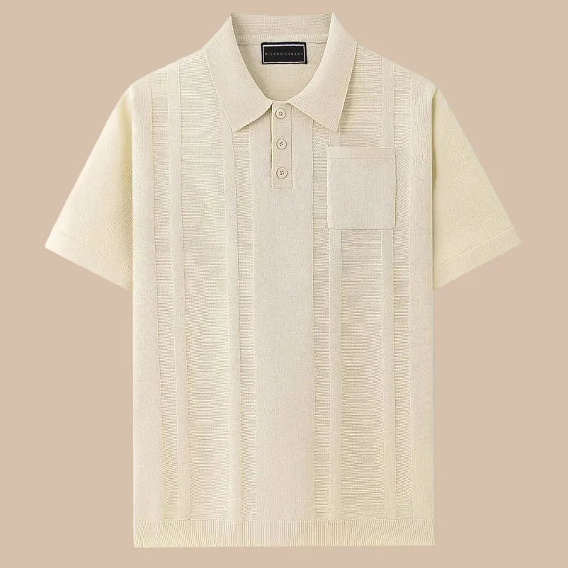 Men's Knit Polo Shirt Short Sleeve Button Placket Vertical Stripe