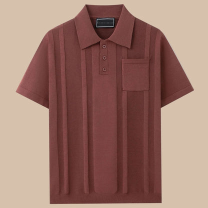 Men's Knit Polo Shirt Short Sleeve Button Placket Vertical Stripe