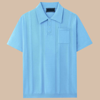 Men's Knit Polo Shirt Short Sleeve Button Placket Vertical Stripe