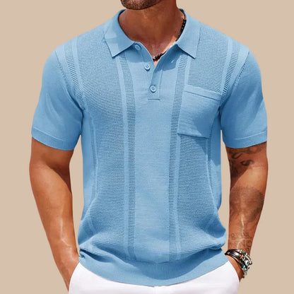 Men's Knit Polo Shirt Short Sleeve Button Placket Vertical Stripe
