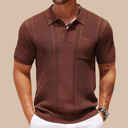 Men's Knit Polo Shirt Short Sleeve Button Placket Vertical Stripe