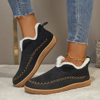 Women's Ankle Boots Round Toe Contrast Stitch Plush Trim Casual