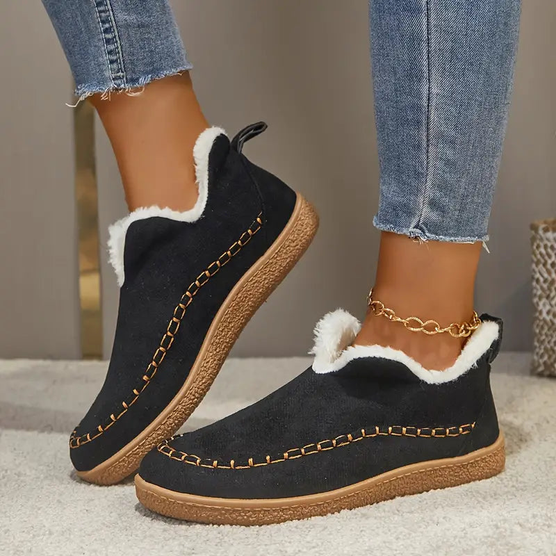 Women's Ankle Boots Round Toe Contrast Stitch Plush Trim Casual