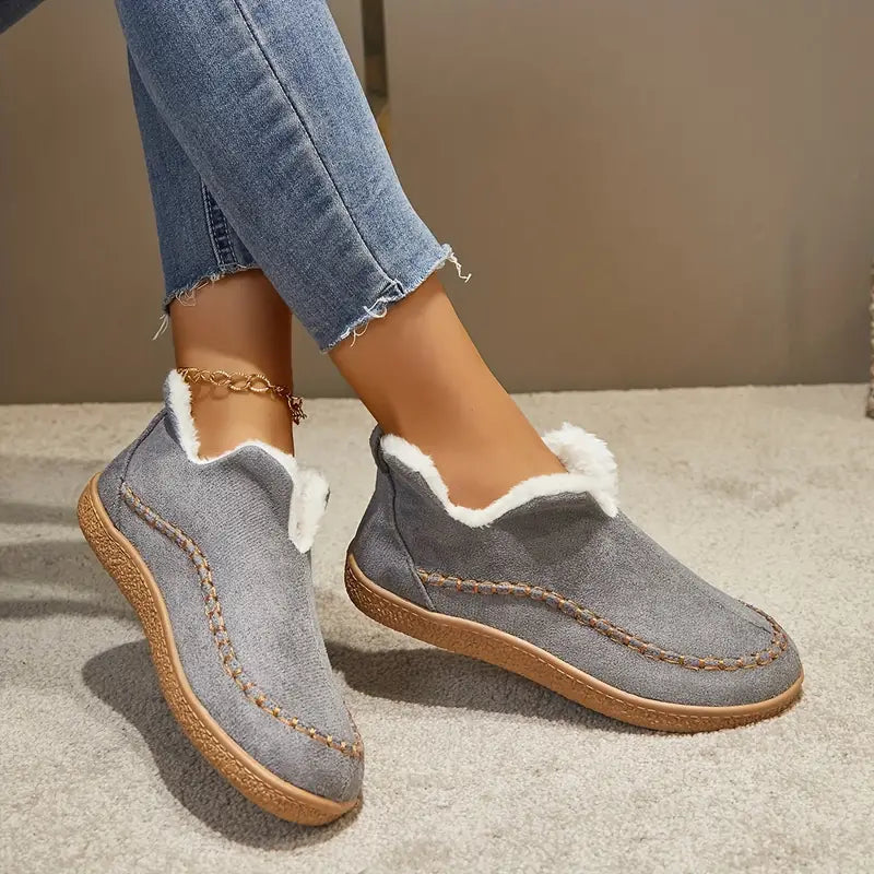 Women's Ankle Boots Round Toe Contrast Stitch Plush Trim Casual