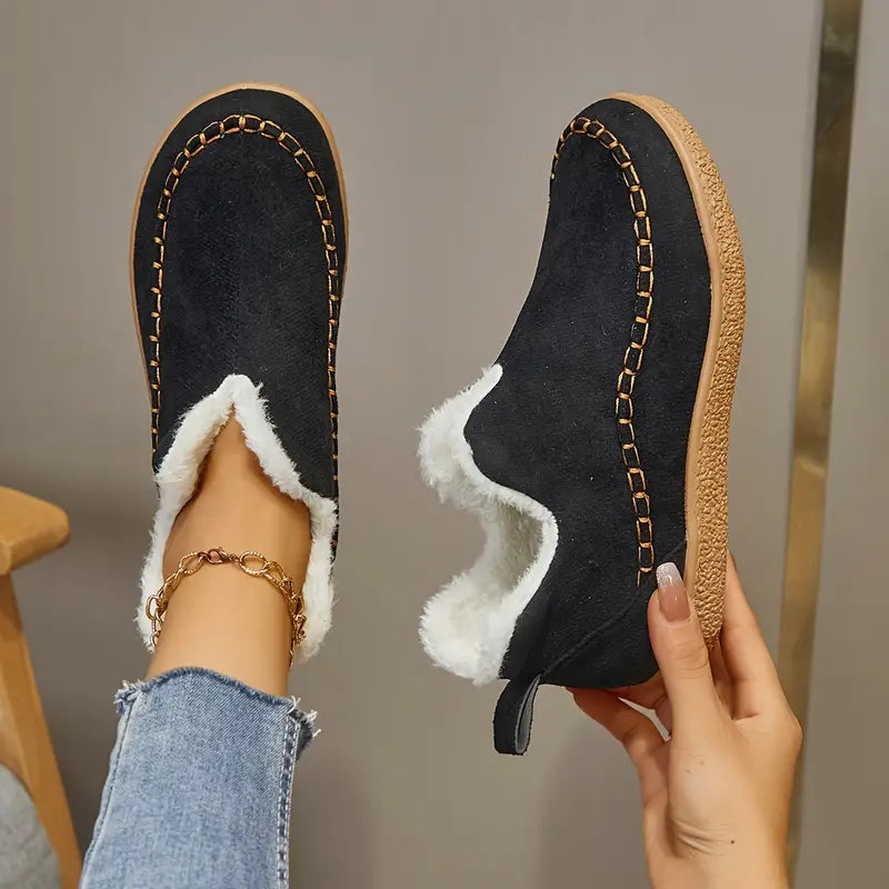 Women's Ankle Boots Round Toe Contrast Stitch Plush Trim Casual