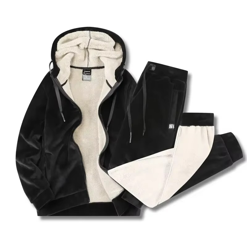 Men's Tracksuit Two Piece Set Fleece Hooded Jacket Tapered Joggers Winter
