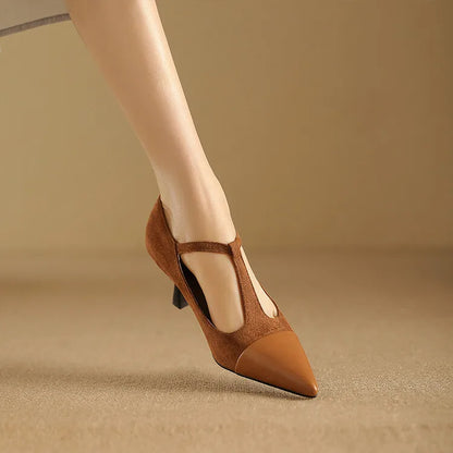 Women's Leather Heels Pointed Toe T-Strap Dressy Everyday Cream