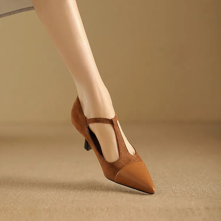 Women's Leather Heels Pointed Toe T-Strap Dressy Everyday Cream