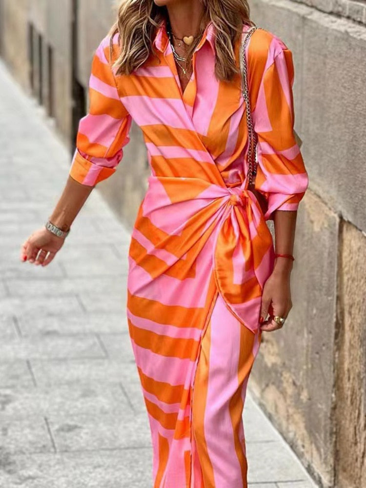 Women's Maxi Wrap Dress Geometric Print Long Sleeves Tie Waist