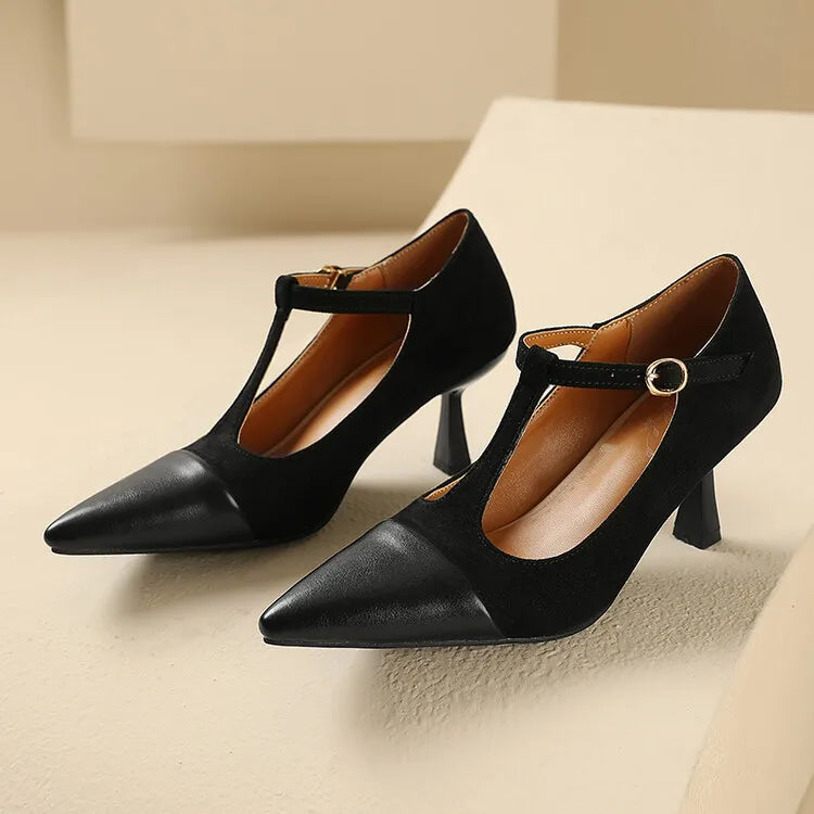 Women's Leather Heels Pointed Toe T-Strap Dressy Everyday Cream