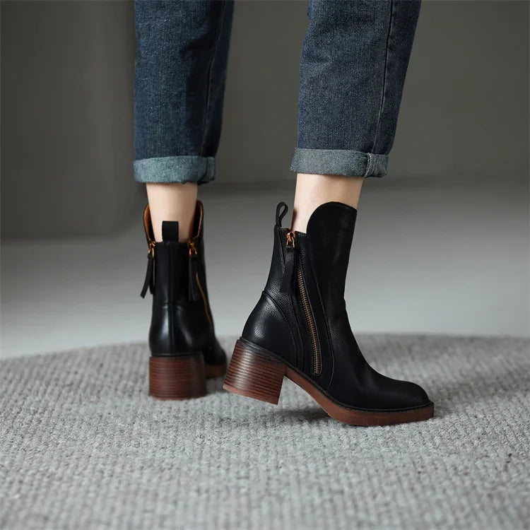 Leather Ankle Boots Women Smooth Black Brown Casual Elegant Everyday