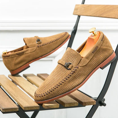 Men's Slip-On Loafers Perforated Buckle Strap Almond Toe Smart Casual Dress Shoes