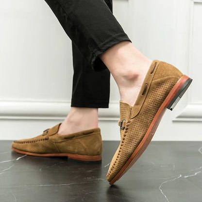 Men's Slip-On Loafers Perforated Buckle Strap Almond Toe Smart Casual Dress Shoes