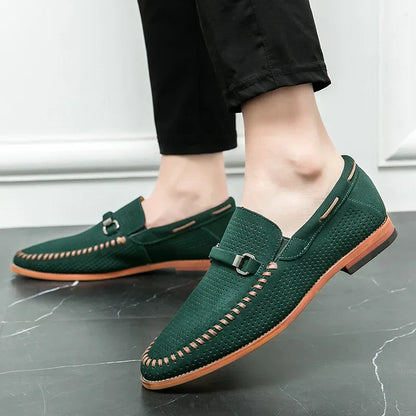 Men's Slip-On Loafers Perforated Buckle Strap Almond Toe Smart Casual Dress Shoes