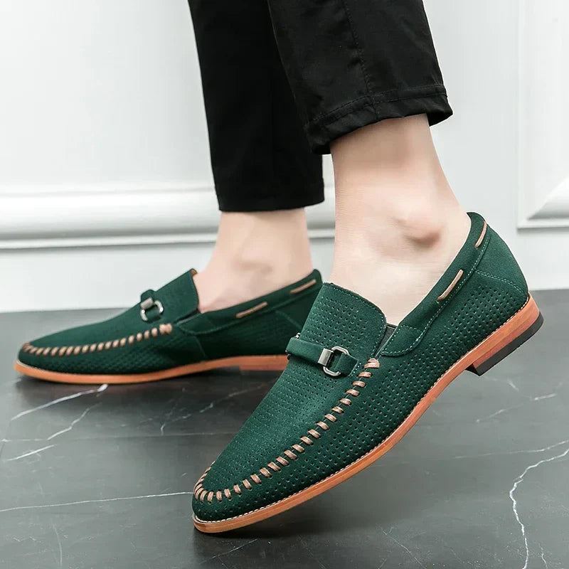 Men's Slip-On Loafers Perforated Buckle Strap Almond Toe Smart Casual Dress Shoes