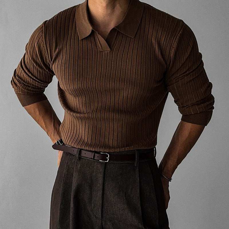 Men's Long Sleeve Polo Shirt Slim Fit Ribbed Knit V-Notch Collar