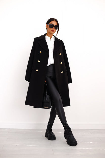 Women's Double Breasted Coat Gold Button Mid-Length A-Line Wide Lapel