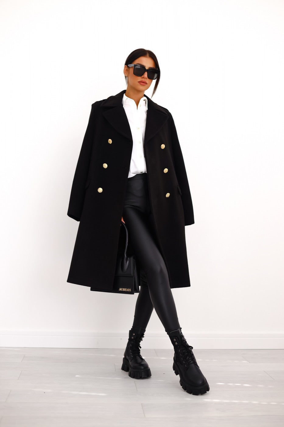 Women's Double Breasted Coat Gold Button Mid-Length A-Line Wide Lapel